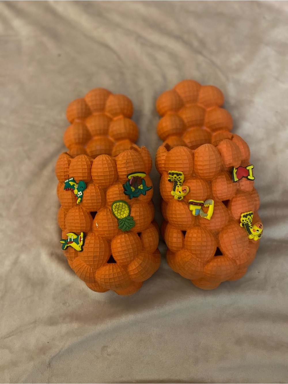Orange Bubble Slide Slippers with Charms - Women's Comfortable Pool Slides